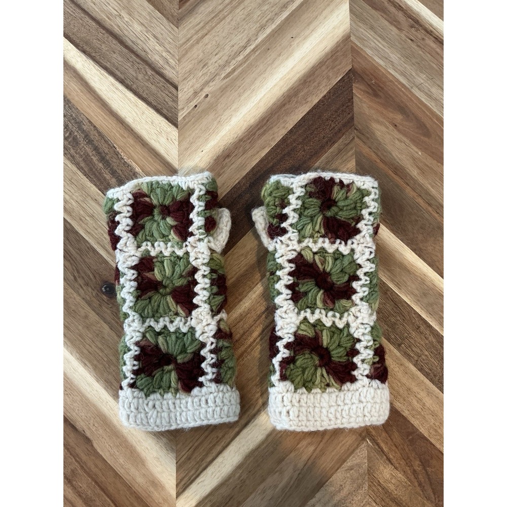 Crochet Fingerless Gloves Mittens Granny Square Made In‎ Nepal Cozy Green Brown